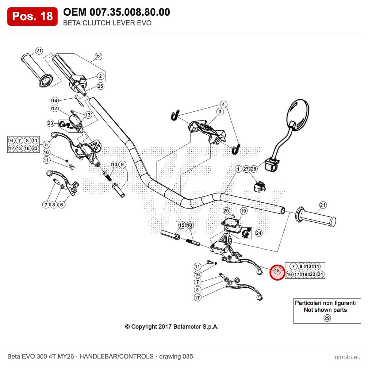 BETA CLUTCH LEVER EVO – OEM 007.35.008.80.00, position 18 on the Beta EVO 300 4T MY26 handlebar/controls drawing