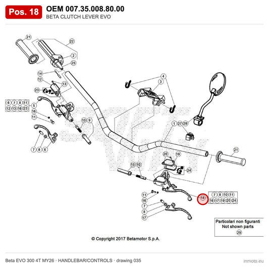 BETA CLUTCH LEVER EVO – OEM 007.35.008.80.00, position 18 on the Beta EVO 300 4T MY26 handlebar/controls drawing