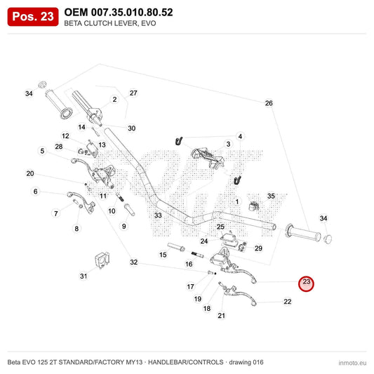 BETA CLUTCH LEVER, EVO – OEM 007.35.010.80.52, position 23 on the Beta EVO 125 2T STANDARD/FACTORY MY13 handlebar/controls drawing