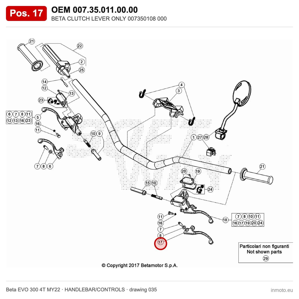 BETA CLUTCH LEVER ONLY 007350108 000 – OEM 007.35.011.00.00, position 17 on the Beta EVO 300 4T MY22 handlebar/controls drawing