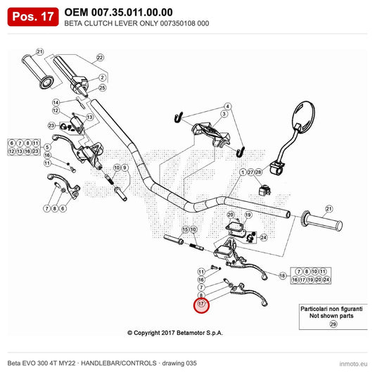 BETA CLUTCH LEVER ONLY 007350108 000 – OEM 007.35.011.00.00, position 17 on the Beta EVO 300 4T MY22 handlebar/controls drawing