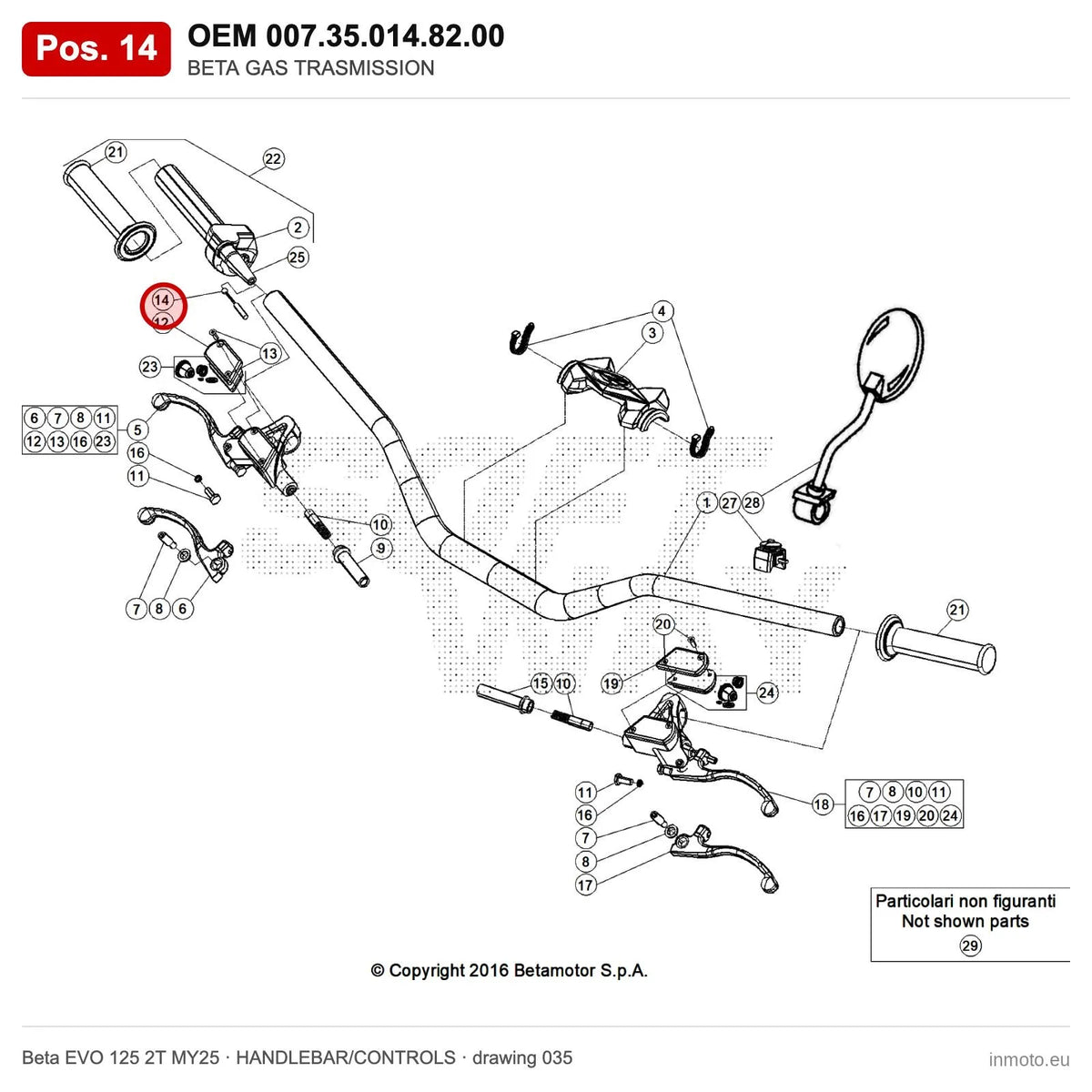 BETA GAS TRASMISSION – OEM 007.35.014.82.00, position 14 on the Beta EVO 125 2T MY25 handlebar/controls drawing