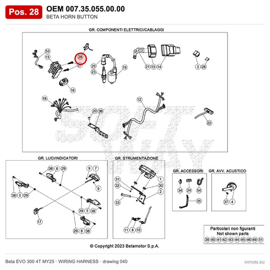 BETA HORN BUTTON – OEM 007.35.055.00.00, position 28 on the Beta EVO 300 4T MY25 wiring harness drawing