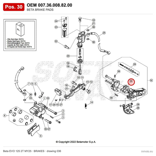 BETA BRAKE PADS – OEM 007.36.008.82.00, position 30 on the Beta EVO 125 2T MY25 brakes drawing