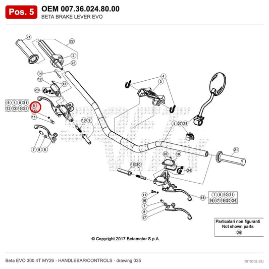 BETA BRAKE LEVER EVO – OEM 007.36.024.80.00, position 5 on the Beta EVO 300 4T MY26 handlebar/controls drawing