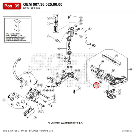 BETA SPRING – OEM 007.36.025.00.00, position 39 on the Beta EVO 125 2T MY25 brakes drawing