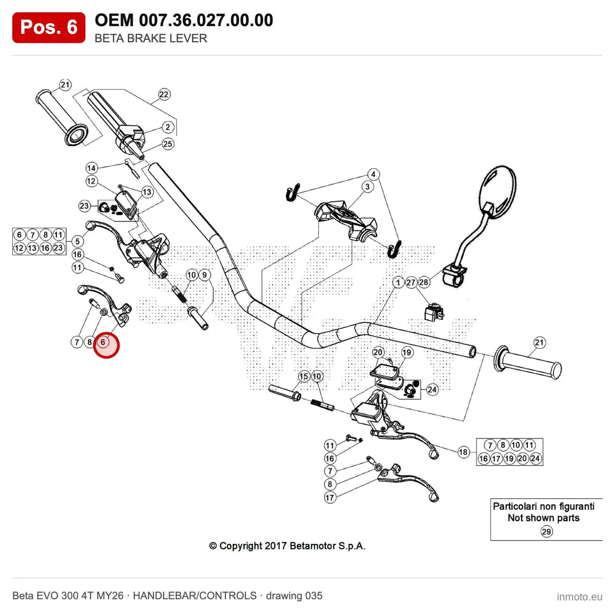 BETA BRAKE LEVER – OEM 007.36.027.00.00, position 6 on the Beta EVO 300 4T MY26 handlebar/controls drawing