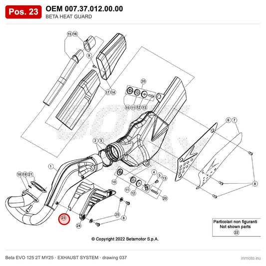 BETA HEAT GUARD – OEM 007.37.012.00.00, position 23 on the Beta EVO 125 2T MY25 exhaust system drawing
