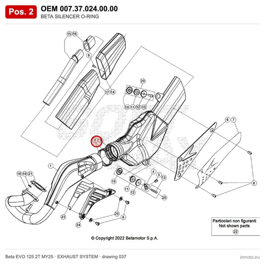 BETA SILENCER O-RING – OEM 007.37.024.00.00, position 2 on the Beta EVO 125 2T MY25 exhaust system drawing