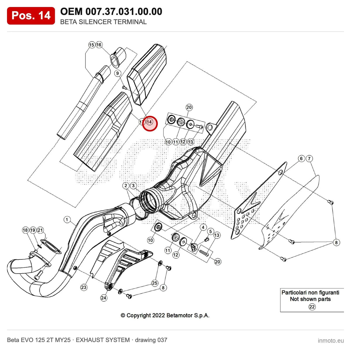 BETA SILENCER TERMINAL – OEM 007.37.031.00.00, position 14 on the Beta EVO 125 2T MY25 exhaust system drawing