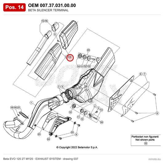 BETA SILENCER TERMINAL – OEM 007.37.031.00.00, position 14 on the Beta EVO 125 2T MY25 exhaust system drawing