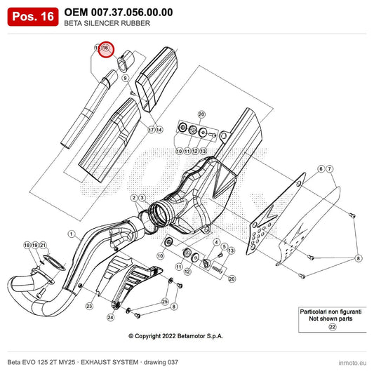 BETA SILENCER RUBBER – OEM 007.37.056.00.00, position 16 on the Beta EVO 125 2T MY25 exhaust system drawing