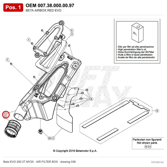 BETA AIRBOX RED EVO 2T – OEM 007.38.000.00.97, position 1 on the Beta EVO 250 2T MY25 air filter box drawing