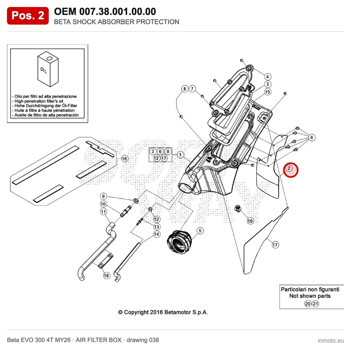 BETA SHOCK ABSORBER PROTECTION – OEM 007.38.001.00.00, position 2 on the Beta EVO 300 4T MY26 air filter box drawing