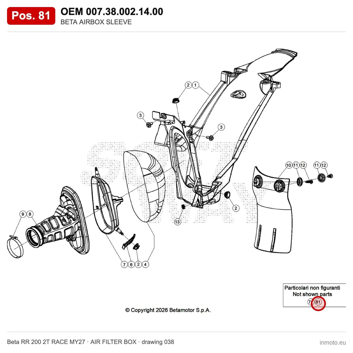 BETA AIRBOX SLEEVE – OEM 007.38.002.14.00, position 81 on the Beta RR 200 2T RACE MY27 air filter box drawing