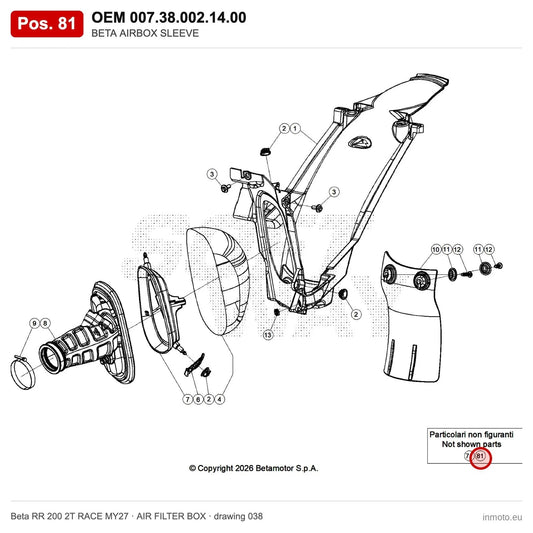 BETA AIRBOX SLEEVE – OEM 007.38.002.14.00, position 81 on the Beta RR 200 2T RACE MY27 air filter box drawing