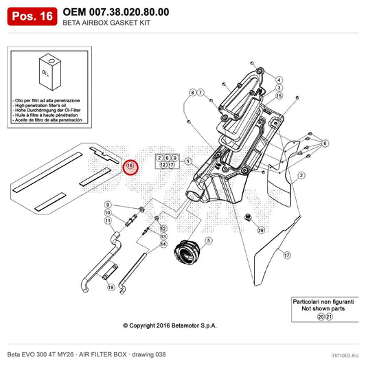 BETA AIRBOX GASKET KIT – OEM 007.38.020.80.00, position 16 on the Beta EVO 300 4T MY26 air filter box drawing