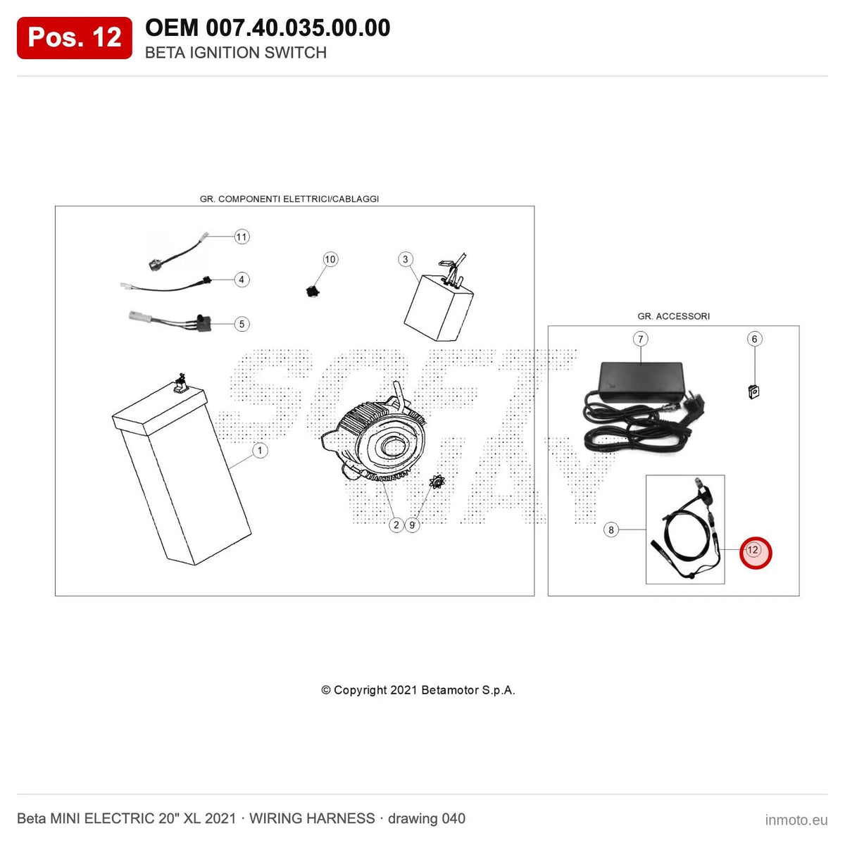 BETA INTERRUTTORE MAGNETICO SPEGNIM. MOTORE – OEM 007.40.035.00.00, position 12 on the Beta MINI ELECTRIC 20" XL 2021 wiring harness drawing