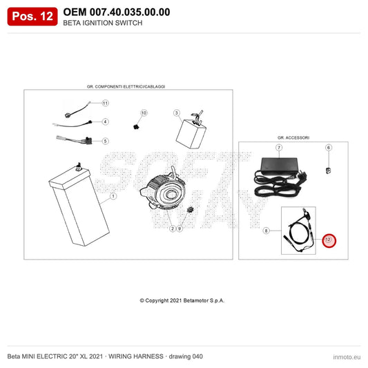 BETA INTERRUTTORE MAGNETICO SPEGNIM. MOTORE – OEM 007.40.035.00.00, position 12 on the Beta MINI ELECTRIC 20" XL 2021 wiring harness drawing