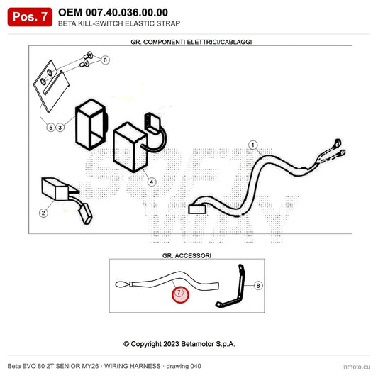 BETA KILL SWITCH STRAP ONLY – OEM 007.40.036.00.00, position 7 on the Beta EVO 80 2T SENIOR MY26 wiring harness drawing