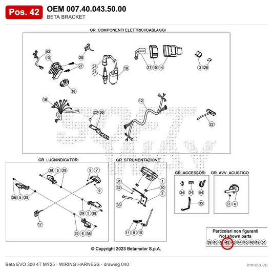 BETA BRACKET – OEM 007.40.043.50.00, position 42 on the Beta EVO 300 4T MY25 wiring harness drawing