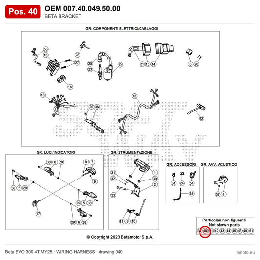 BETA BRACKET – OEM 007.40.049.50.00, position 40 on the Beta EVO 300 4T MY25 wiring harness drawing