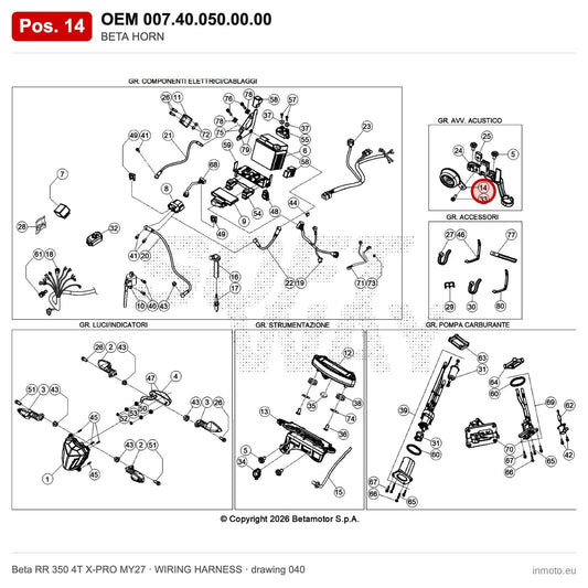 BETA HORN – OEM 007.40.050.00.00, position 14 on the Beta RR 350 4T X-PRO MY27 wiring harness drawing