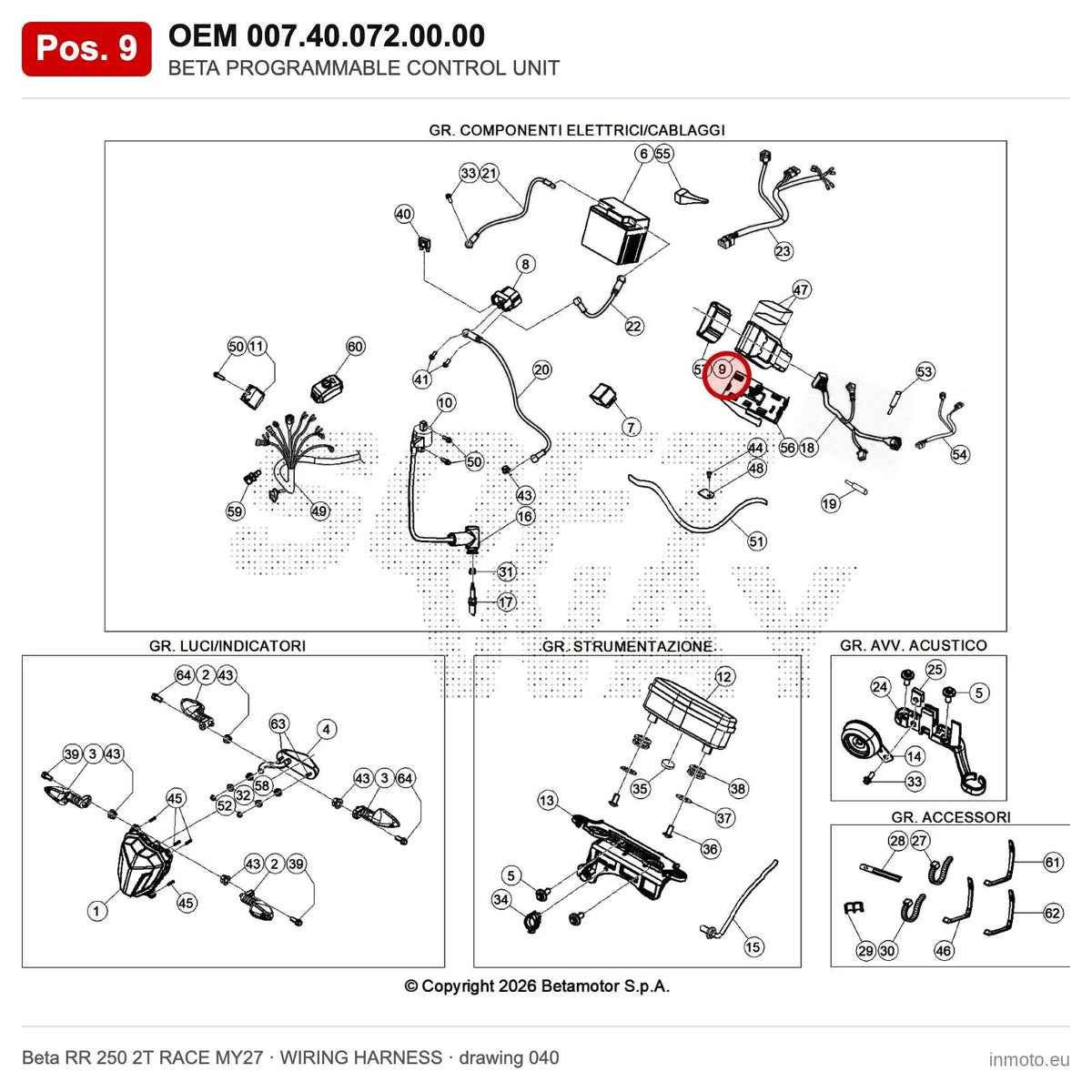 BETA PROGRAMMABLE CONTROL UNIT – OEM 007.40.072.00.00, position 9 on the Beta RR 250 2T RACE MY27 wiring harness drawing