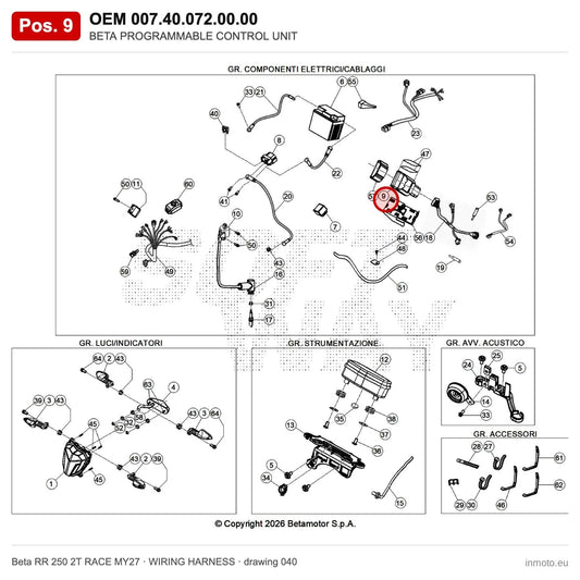 BETA PROGRAMMABLE CONTROL UNIT – OEM 007.40.072.00.00, position 9 on the Beta RR 250 2T RACE MY27 wiring harness drawing