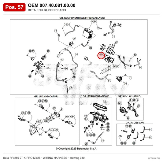 BETA ECU RUBBER BAND – OEM 007.40.081.00.00, position 57 on the Beta RR 250 2T X-PRO MY26 wiring harness drawing