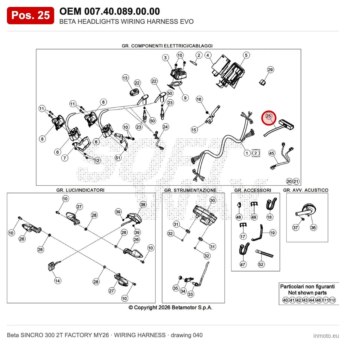 BETA HEADLIGHTS WIRING HARNESS EVO – OEM 007.40.089.00.00, position 25 on the Beta SINCRO 300 2T FACTORY MY26 wiring harness drawing