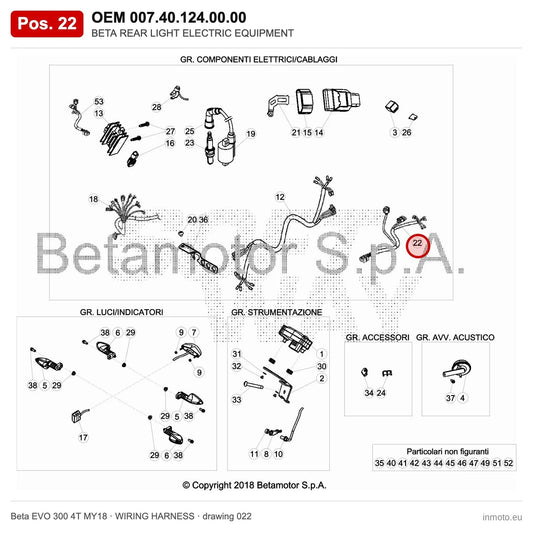 BETA REAR LIGHT ELECTRIC EQUIPMENT – OEM 007.40.124.00.00, position 22 on the Beta EVO 300 4T MY18 wiring harness drawing