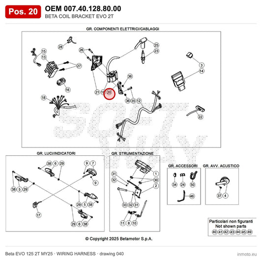 BETA COIL BRACKET EVO 2T – OEM 007.40.128.80.00, position 20 on the Beta EVO 125 2T MY25 wiring harness drawing
