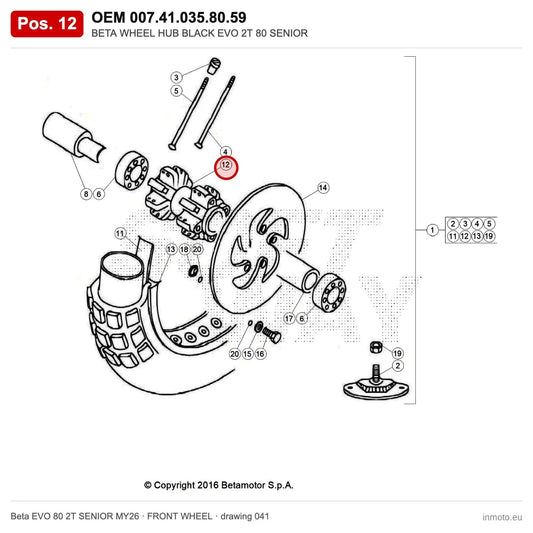 BETA WHEEL HUB BLACK EVO 2T 80 SENIOR – OEM 007.41.035.80.59, position 12 on the Beta EVO 80 2T SENIOR MY26 front wheel drawing