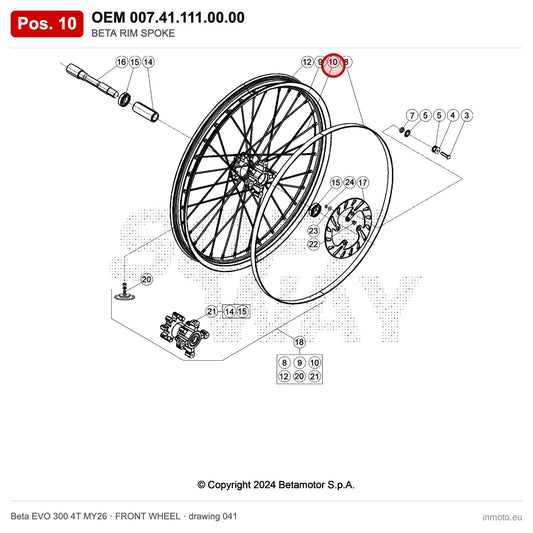 BETA SPOKE 3X256 FRONT WHEEL, EVO 2T/4T MY'11 – OEM 007.41.111.00.00, position 10 on the Beta EVO 300 4T MY26 front wheel drawing
