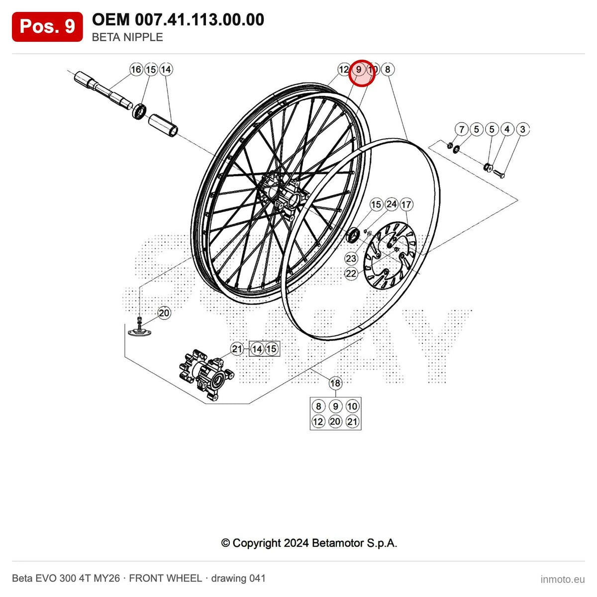 BETA NIPPLES 3,5 X 0,60 EVO 2T/4T MY'11 – OEM 007.41.113.00.00, position 9 on the Beta EVO 300 4T MY26 front wheel drawing
