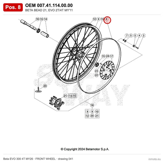 BETA BEAD 21, EVO 2T/4T MY'11 – OEM 007.41.114.00.00, position 8 on the Beta EVO 300 4T MY26 front wheel drawing
