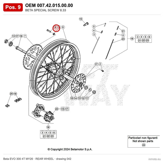 BETA SPECIAL SCREW 8.33 – OEM 007.42.015.00.00, position 9 on the Beta EVO 300 4T MY26 rear wheel drawing