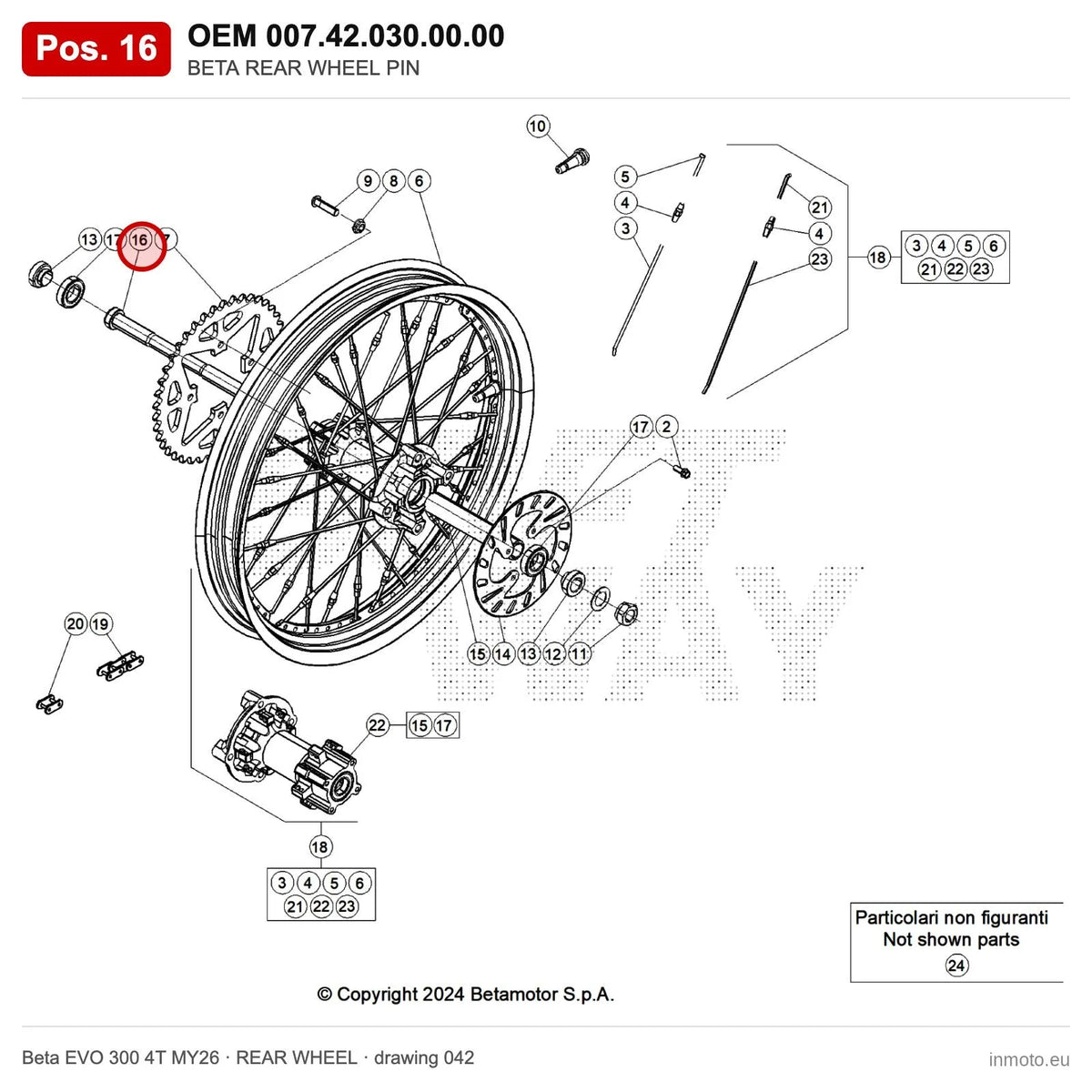 BETA REAR WHEEL PIN – OEM 007.42.030.00.00, position 16 on the Beta EVO 300 4T MY26 rear wheel drawing