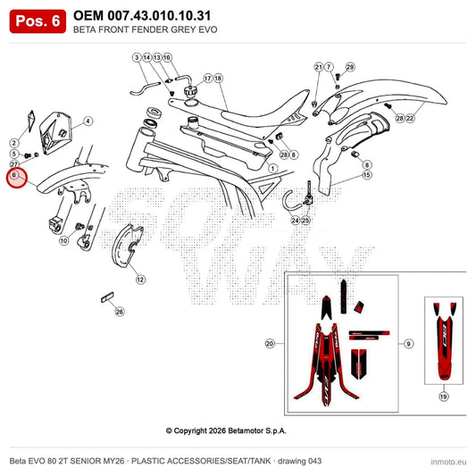 BETA FRONT FENDER GREY EVO – OEM 007.43.010.10.31, position 6 on the Beta EVO 80 2T SENIOR MY26 plastic accessories/seat/tank drawing