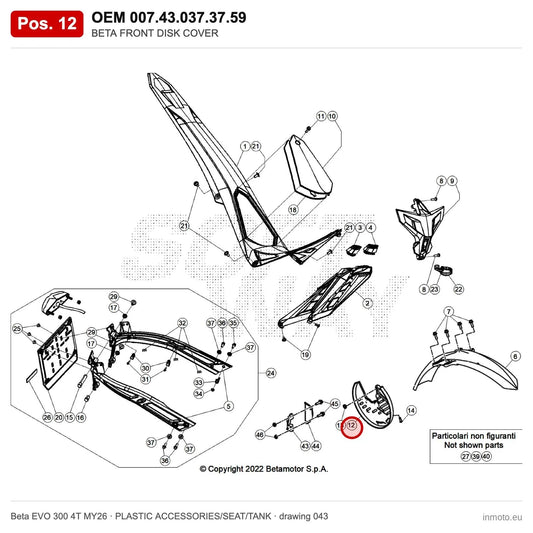 BETA FRONT DISK COVER – OEM 007.43.037.37.59, position 12 on the Beta EVO 300 4T MY26 plastic accessories/seat/tank drawing