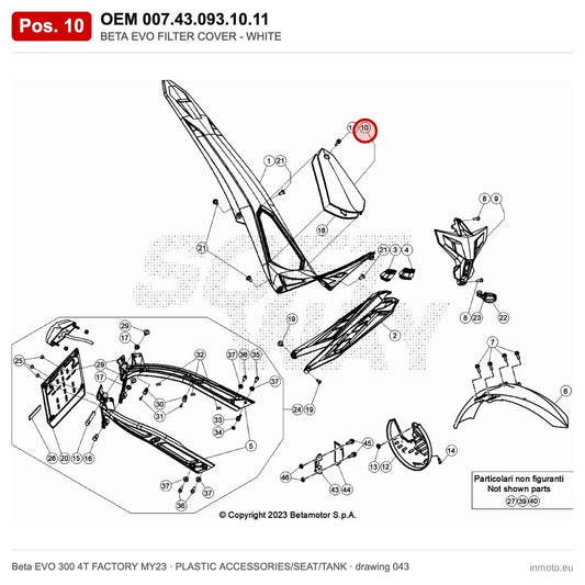 BETA EVO FILTER COVER - WHITE – OEM 007.43.093.10.11, position 10 on the Beta EVO 300 4T FACTORY MY23 plastic accessories/seat/tank drawing