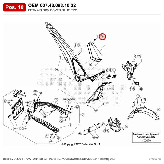 BETA AIR BOX COVER BLUE EVO – OEM 007.43.093.10.32, position 10 on the Beta EVO 300 4T FACTORY MY22 plastic accessories/seat/tank drawing