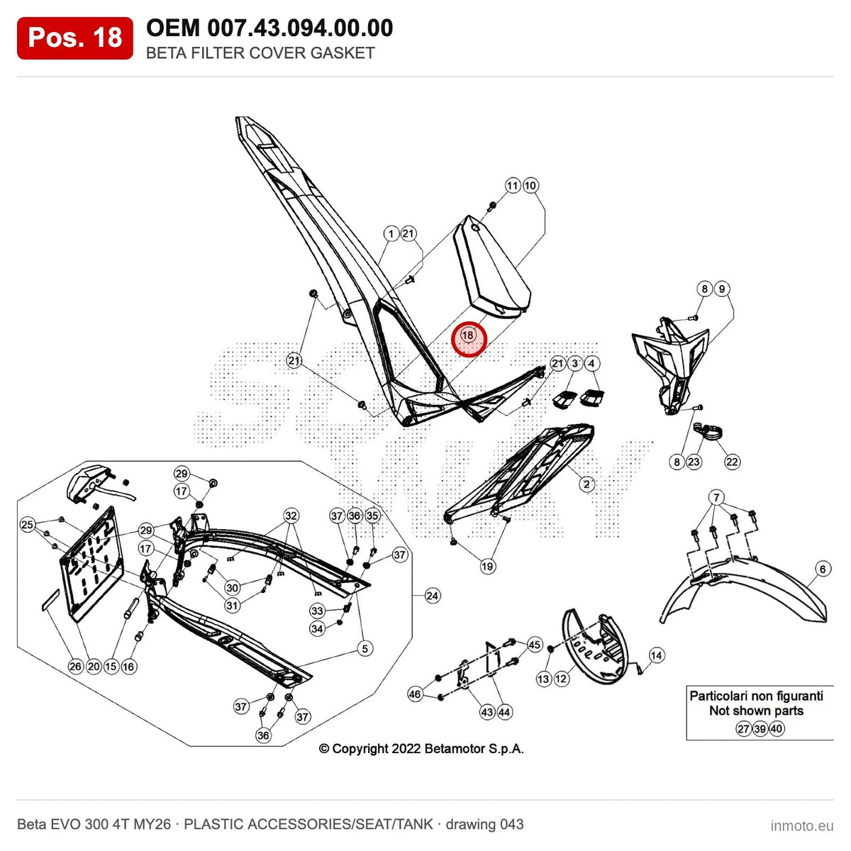 BETA FILTER COVER GASKET – OEM 007.43.094.00.00, position 18 on the Beta EVO 300 4T MY26 plastic accessories/seat/tank drawing