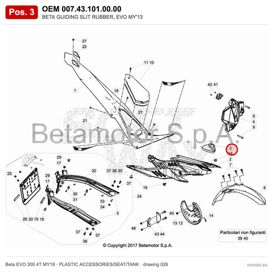 BETA GUIDING SLIT RUBBER, EVO MY'13 – OEM 007.43.101.00.00, position 3 on the Beta EVO 300 4T MY19 plastic accessories/seat/tank drawing