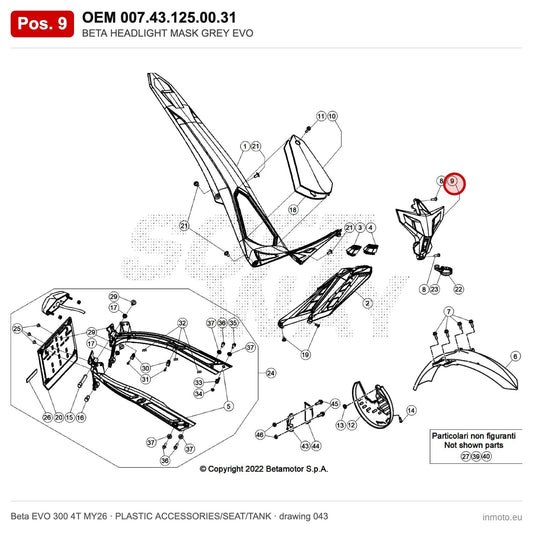 BETA HEADLIGHT MASK GREY EVO – OEM 007.43.125.00.31, position 9 on the Beta EVO 300 4T MY26 plastic accessories/seat/tank drawing