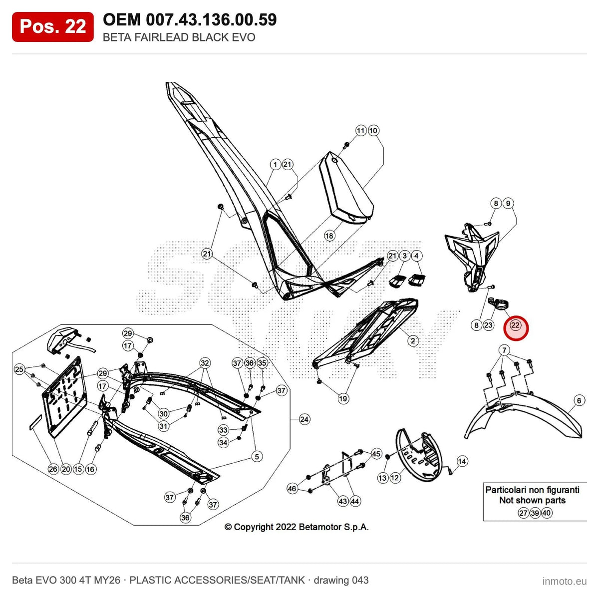 BETA FAIRLEAD BLACK EVO – OEM 007.43.136.00.59, position 22 on the Beta EVO 300 4T MY26 plastic accessories/seat/tank drawing