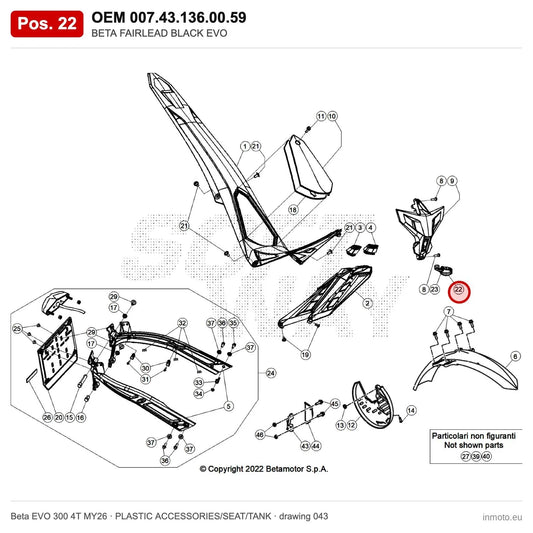 BETA FAIRLEAD BLACK EVO – OEM 007.43.136.00.59, position 22 on the Beta EVO 300 4T MY26 plastic accessories/seat/tank drawing