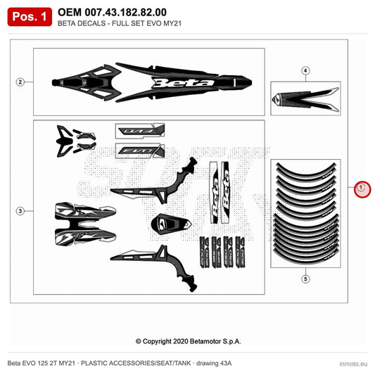 BETA DECALS - FULL SET EVO MY21 – OEM 007.43.182.82.00, position 1 on the Beta EVO 125 2T MY21 plastic accessories/seat/tank drawing