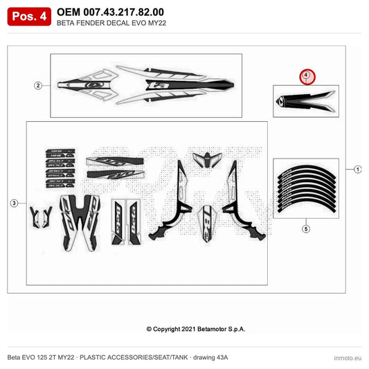 BETA FENDER DECAL EVO MY22 – OEM 007.43.217.82.00, position 4 on the Beta EVO 125 2T MY22 plastic accessories/seat/tank drawing